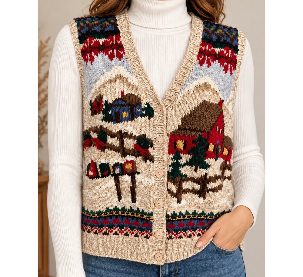 Vintage Robert Scott sweater vest ramie cotton hand knitted Winter scene med.
